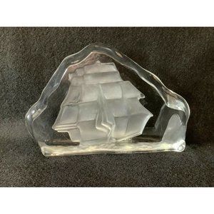 Vintage Viking Glass Sailing Ship Figurine Heavy Sculpture Clear Frosted